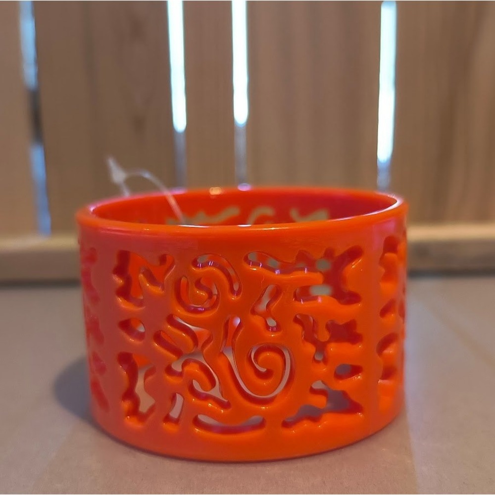 True Orange Filigree Cutout Bangle Bracelet Wide Statement Cuff Boho Retro‎